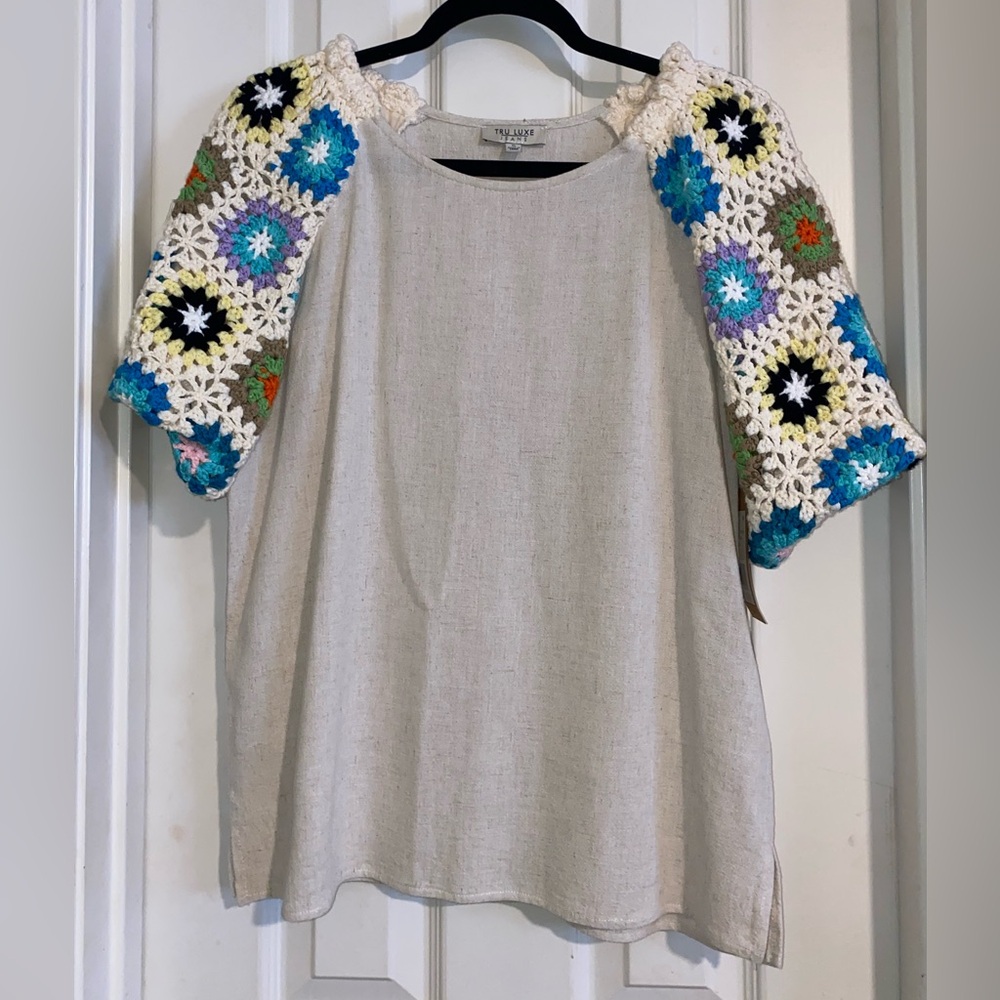 Tru Luxe Jeans Beige Top‎ with Colorful Crochet Sleeves
